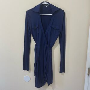 Patrizia Pepe Wrap Dress‎ Long Sleeve Navy Blue Collared Waist Tie Surplice